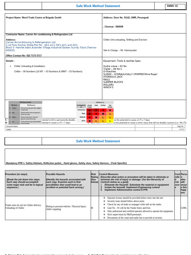Safe Work Method Statement for Chiller Installation | PDF ...