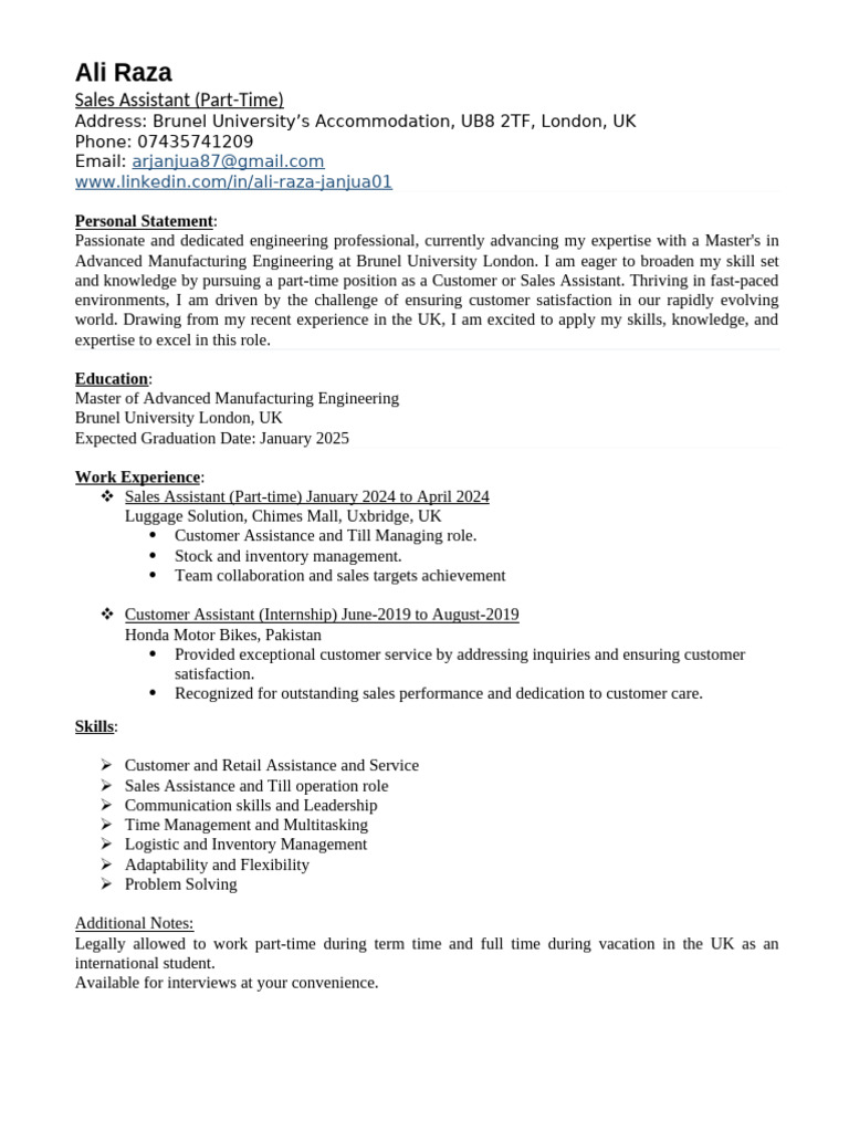 Ali Raza-CV - Retail Assistant (Part-Time Role) | PDF