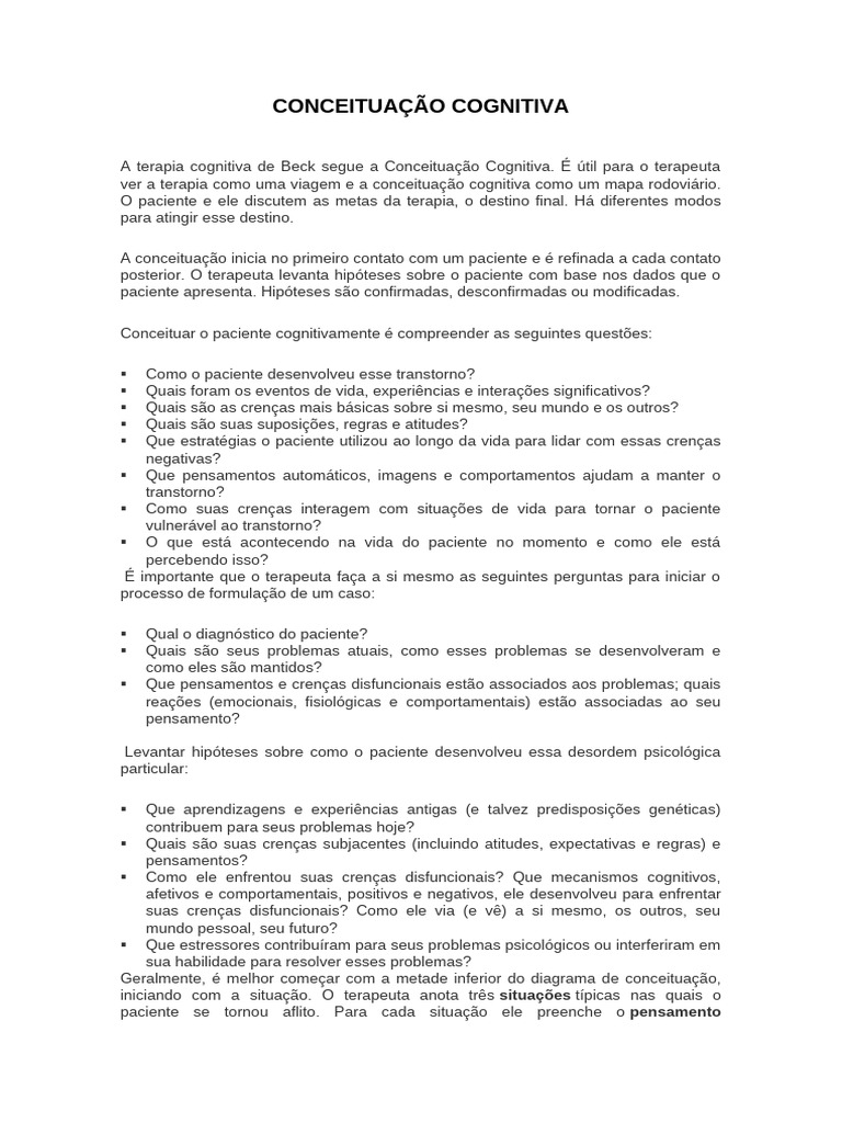 Conceituação Cognitiva - Diagrama | PDF | Pensamento | Psicoterapia