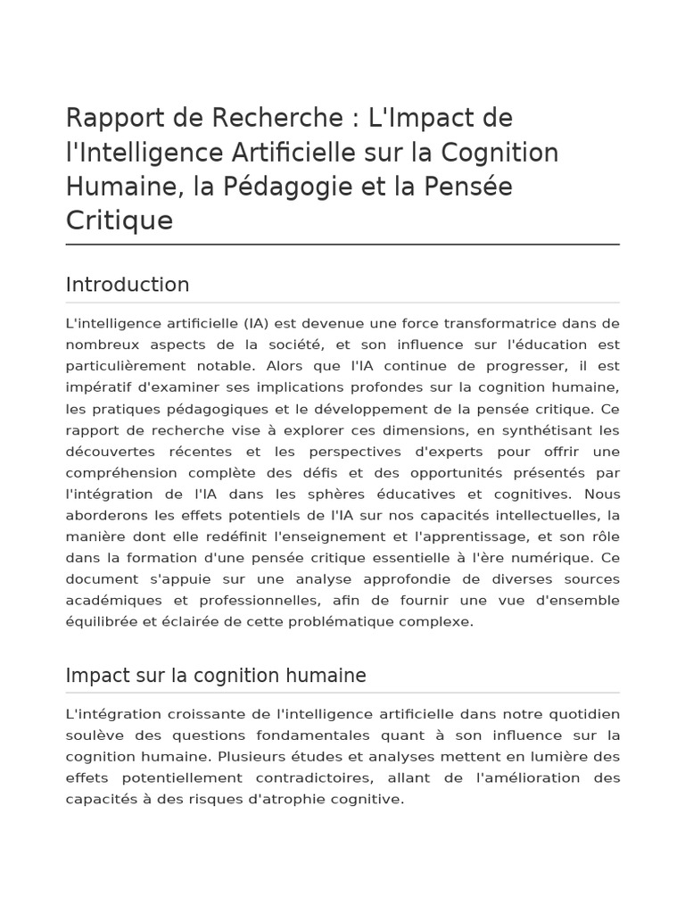 Impact de l'IA sur Cognition et Pédagogie | PDF | Intelligence ...