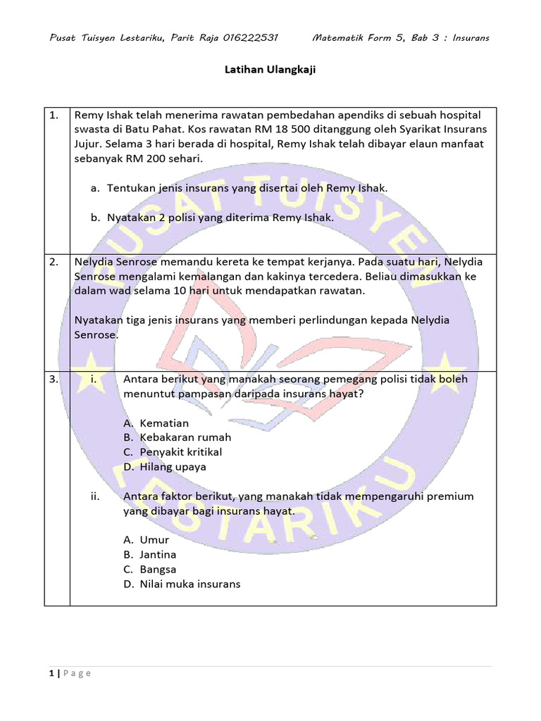 Latihan Ulangkaji Math F5 Insurans | PDF