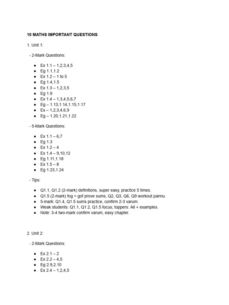 Key 5-Mark Maths Questions for 10th Grade | PDF | Mathematical Concepts ...