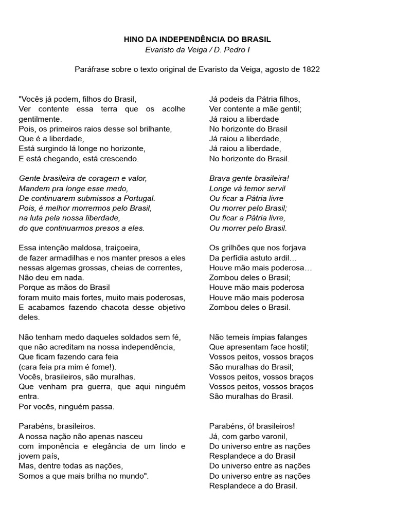 Hino da Independência do Brasil: Liberdade | PDF | Brasil | Liberdade