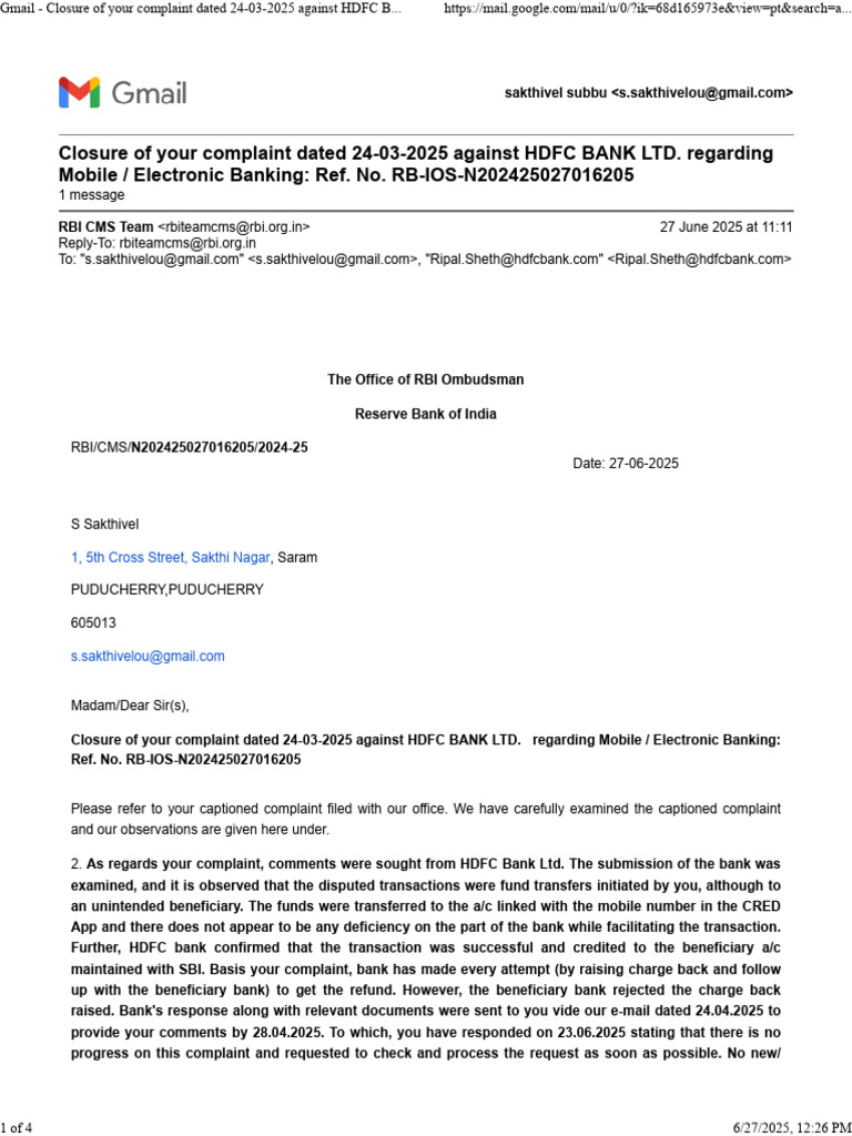 Gmail - Closure of Your Complaint Dated 24-03-2025 Against HDFC BANK LTD.  Regarding Mobile - Electronic Banking - Ref. No. RB-IOS-N202425027016205 |  PDF | Financial Services | Banking