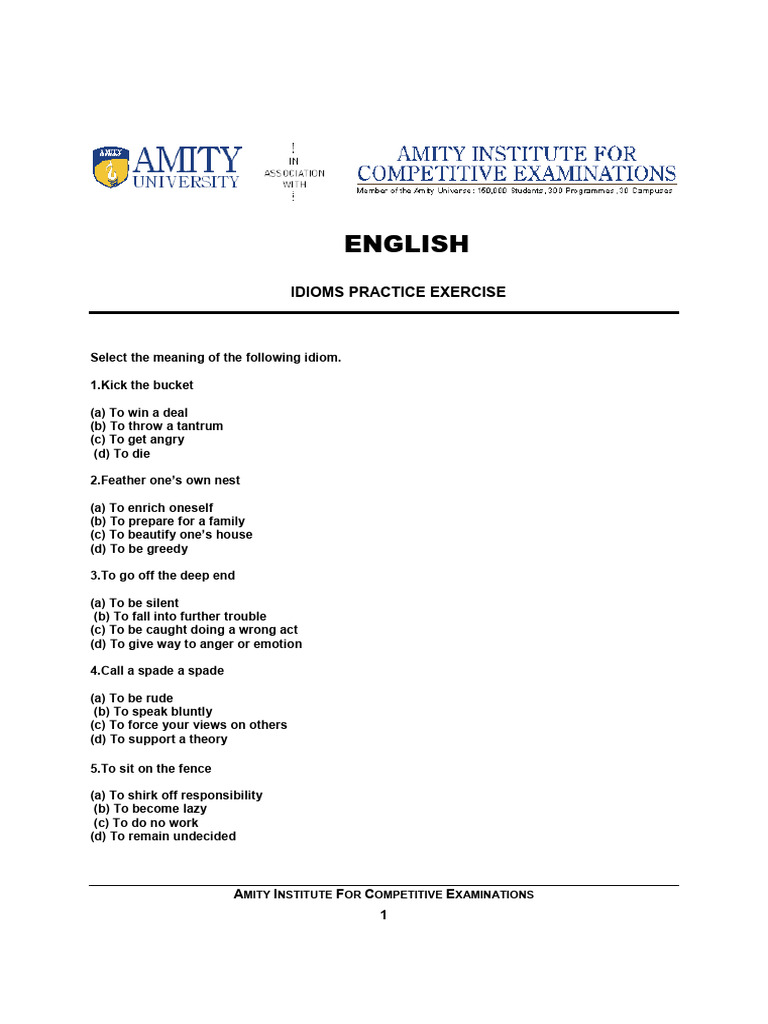 Idioms Practice Exercise | PDF