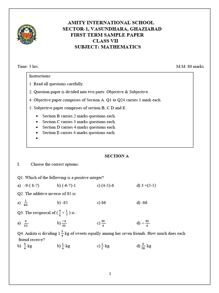 Class VII Mathematics Sample Paper | PDF | Rectangle | Mathematics