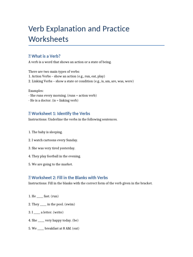 Verb Worksheets for Action & Linking Verbs | PDF