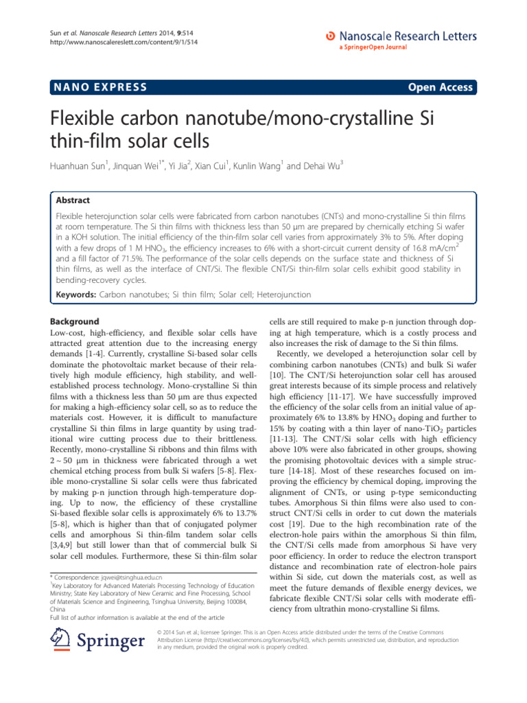 Flexible CNT/Si Thin-Film Solar Cells | PDF | Solar Cell | Thin Film ...