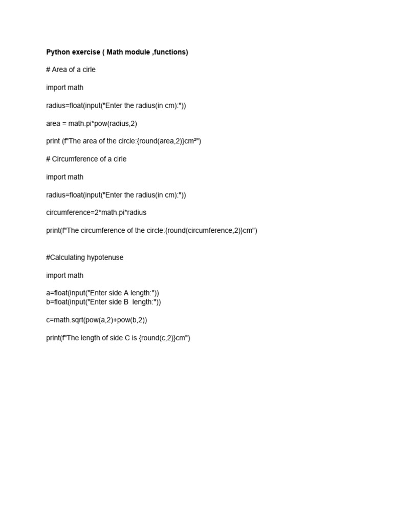 Python Exercise (Math Module, Functions) | PDF