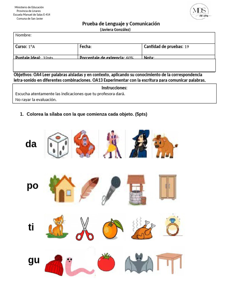 Prueba de Lenguaje 1ºA - Escuela Manuel de Salas | PDF