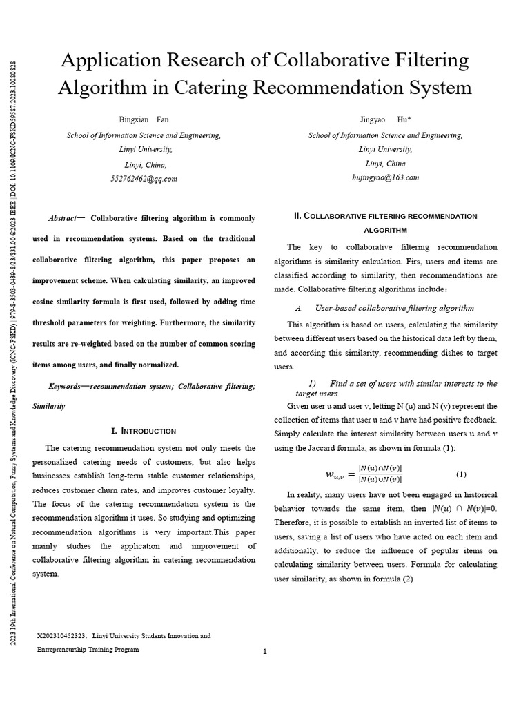 Application Research of Collaborative Filtering Algorithm in Catering ...