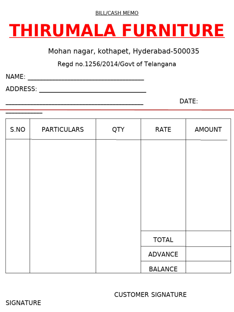 Thirumala Furniture Bill Memo Template | PDF