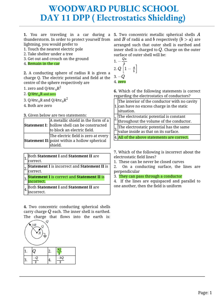 Electrostatics Shielding DPP Test | PDF | Electric Field | Sphere