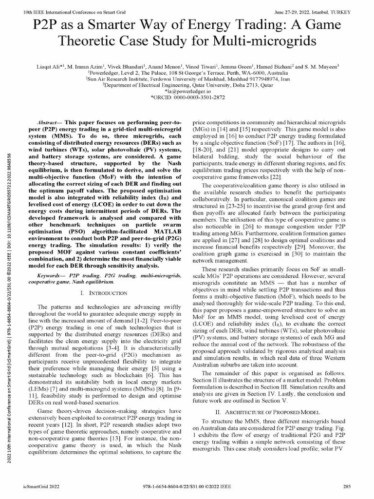 P2P As A Smarter Way of Energy Trading A Game Theoretic Case Study For ...
