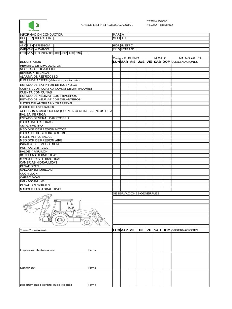 Check List Retroexcavadora | PDF
