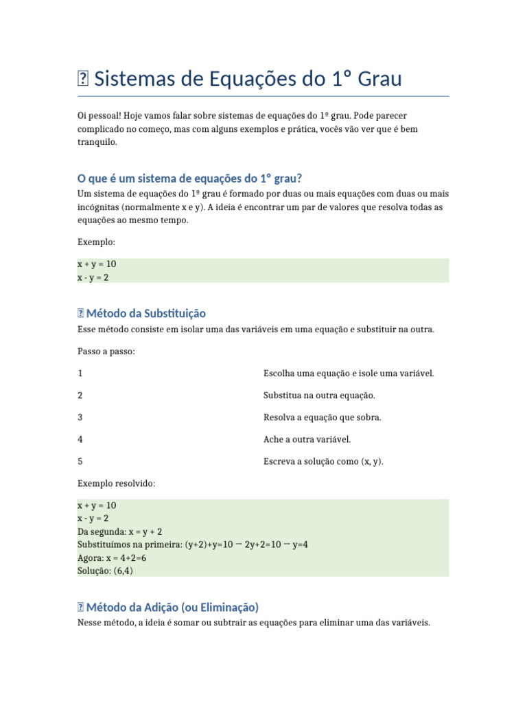 Sistemas de Equações do 1º Grau: Métodos e Exemplos | PDF