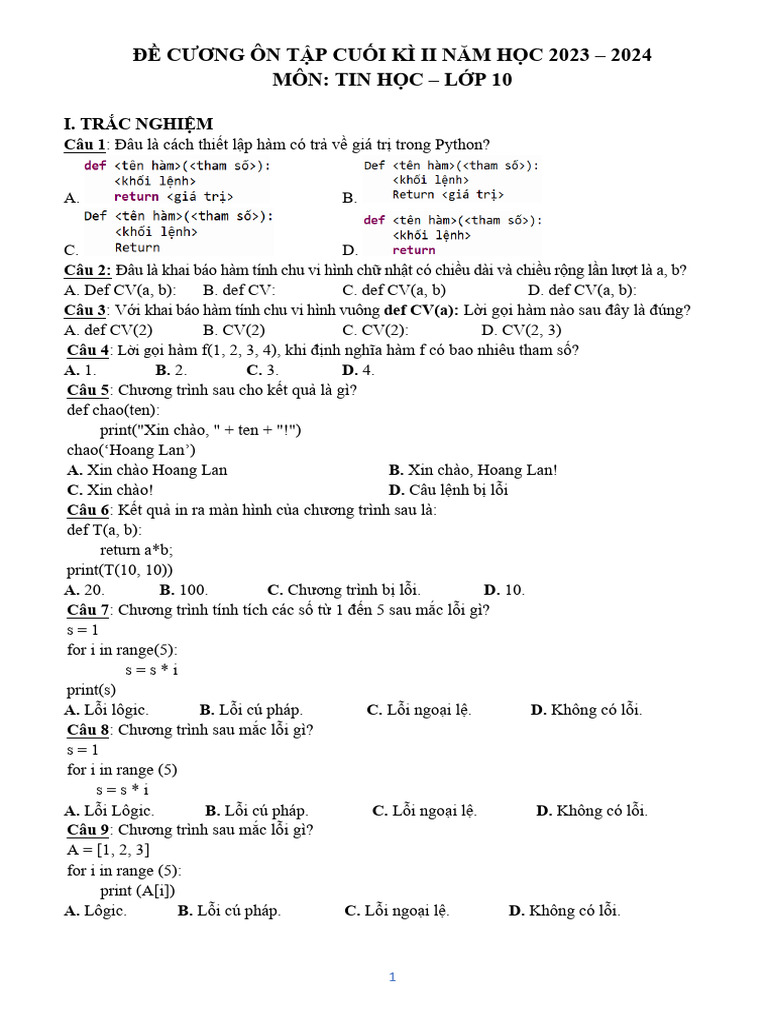 Tin 10 Đề Cương Ôn Tập Cuối Kì II Hs 1 | PDF