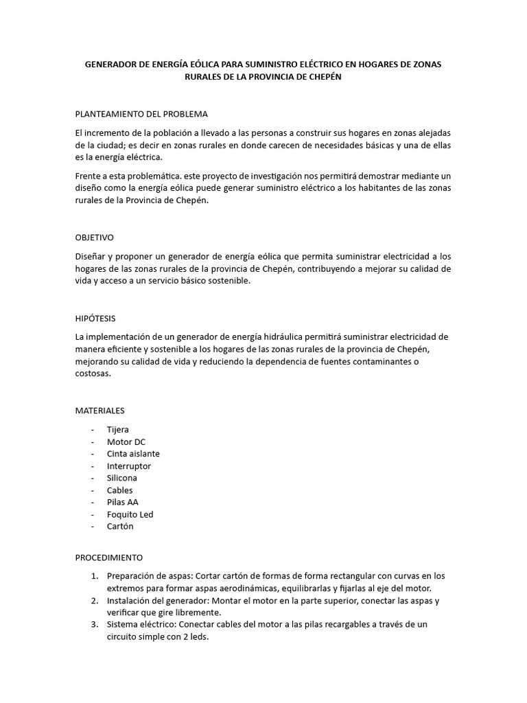 Proyecto de Generador de Energía Eolica | PDF