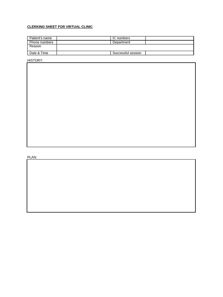 Virtual Clinic Clerking Sheet Template | PDF