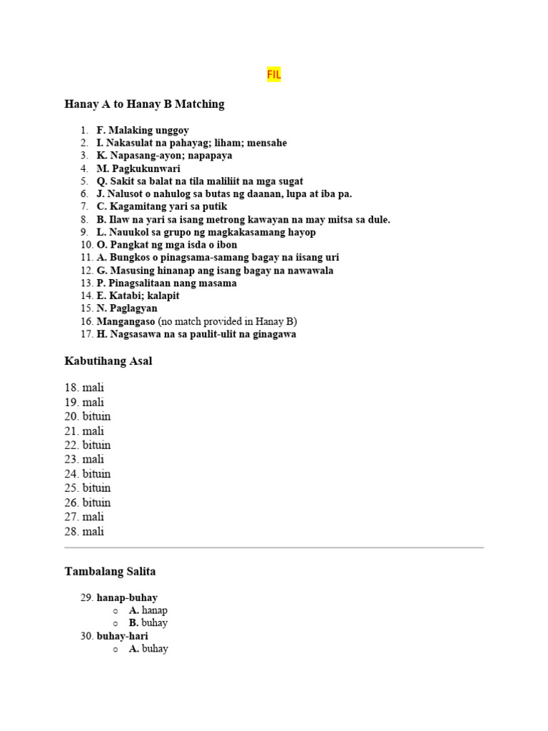Hanay A To Hanay B Matching | PDF