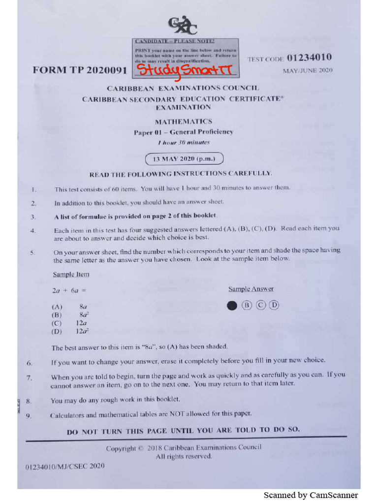 CSEC Math June 2020 P1 StudySmartTT | PDF