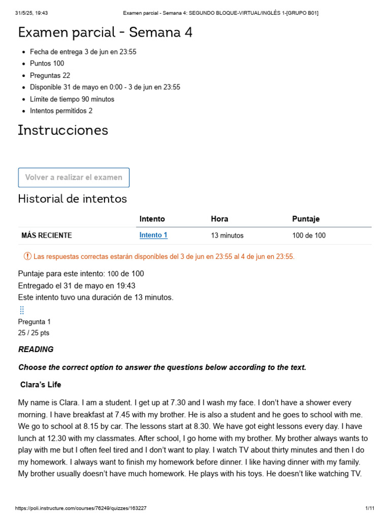 Examen Parcial de Inglés - Semana 4 | PDF | Meal | Cuisine