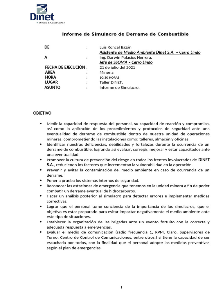 Informe de Simulacro de Derrame de Combustible | PDF | Minería
