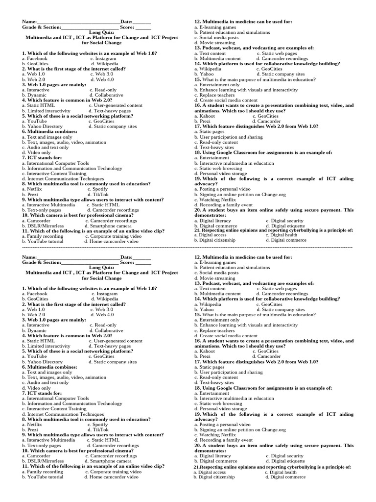 Multimedia and ICT Quiz for Students | PDF | Web 2.0 | World Wide Web