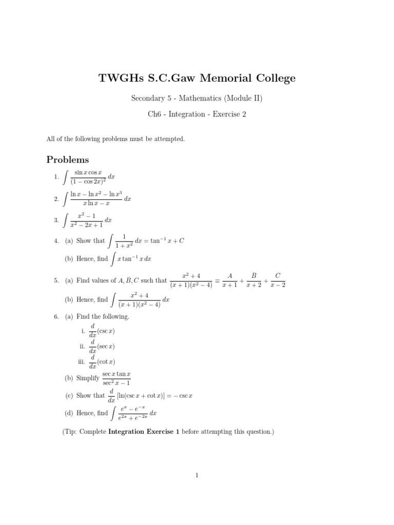 Integration Exercises for Secondary 5 Math | PDF