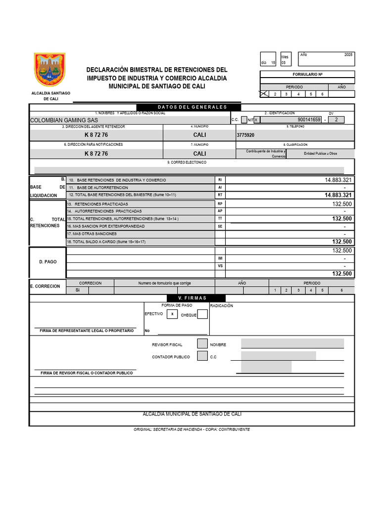 Formulario Declaracion Bimestral Ica Retefuente Cali Colombian Gaming | PDF