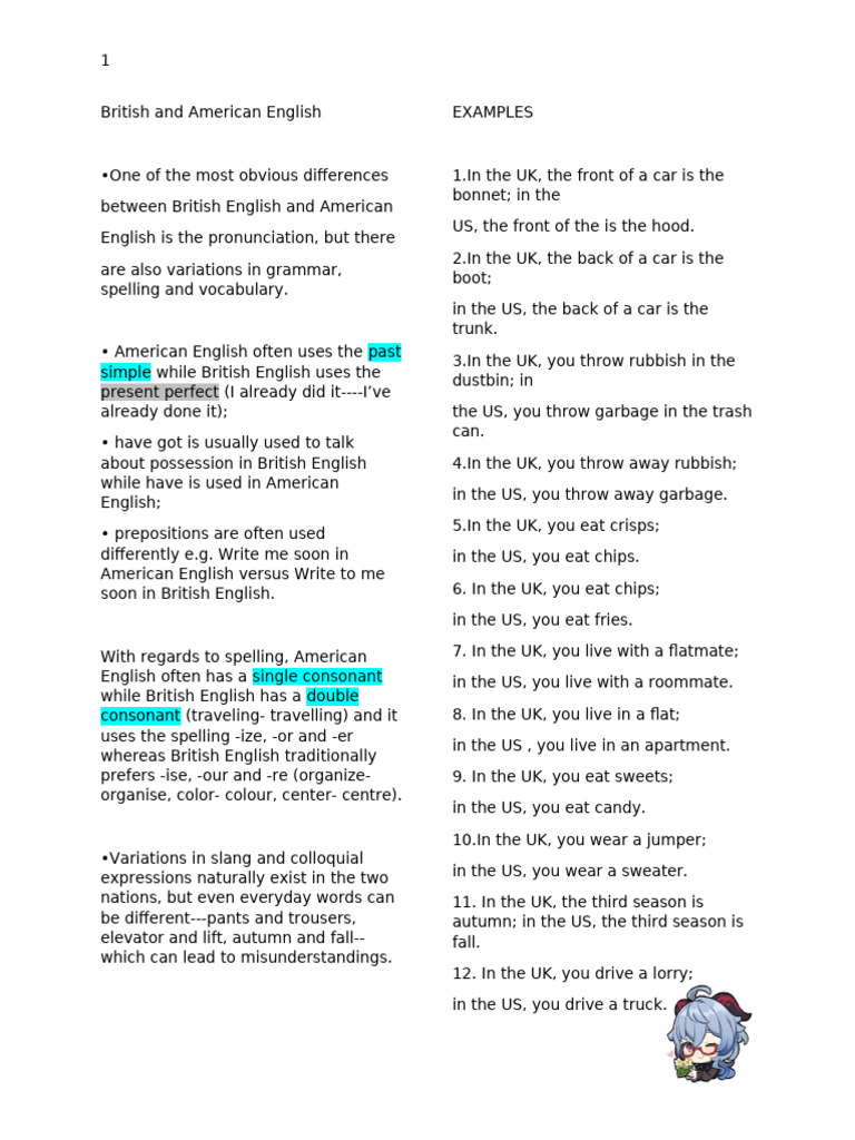British vs American English Differences | PDF | English Language ...