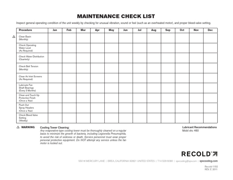 Cooling Tower Maintenance Checklist | PDF