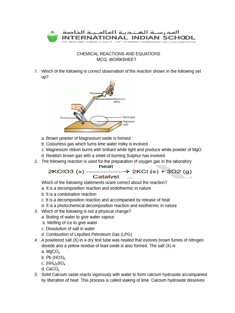 Chemical Reactions MCQ Worksheet | PDF | Chemical Reactions | Oxide