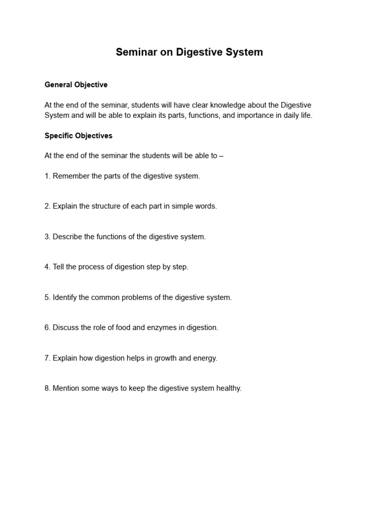 Objectives For Seminar On Digestive System | PDF
