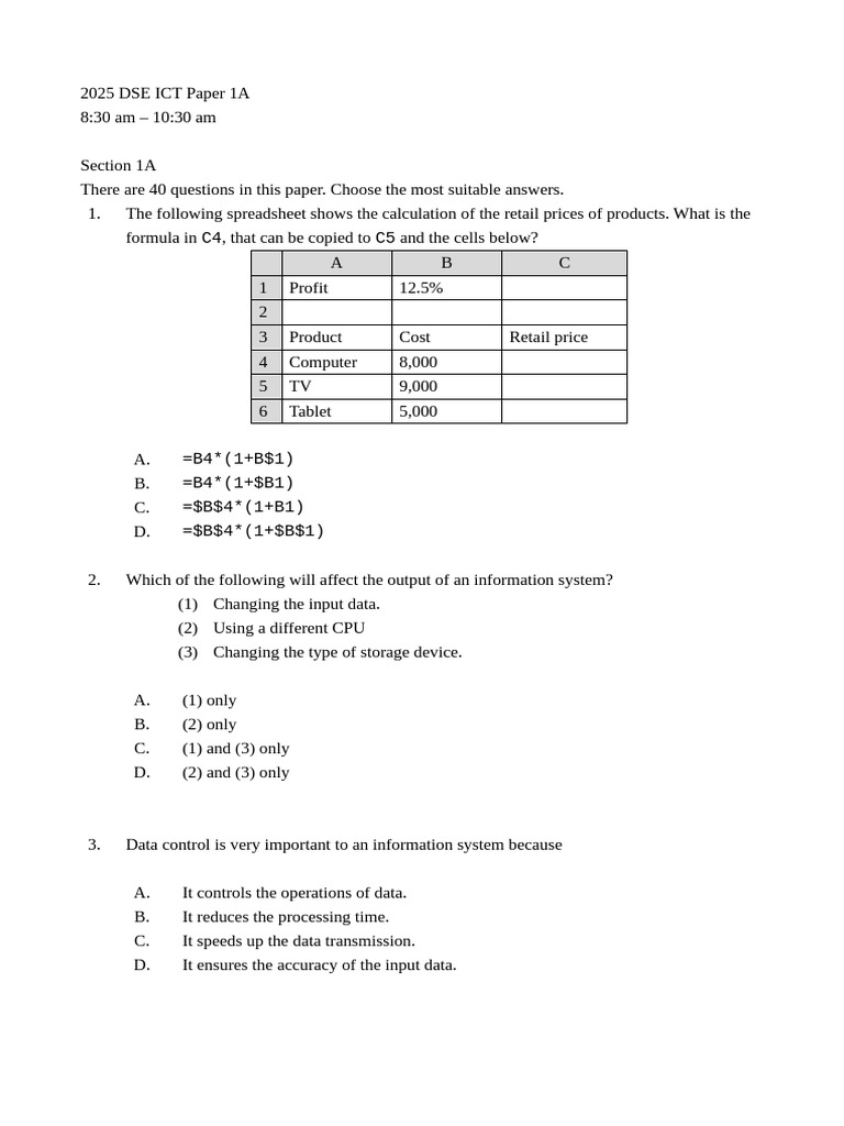 2025 DSE ICT Paper 1A Overview | PDF | Computer Data Storage | World ...