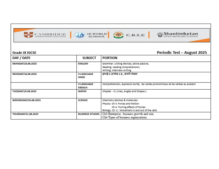 Grade IX IGCSE August 2025 Test Schedule | PDF