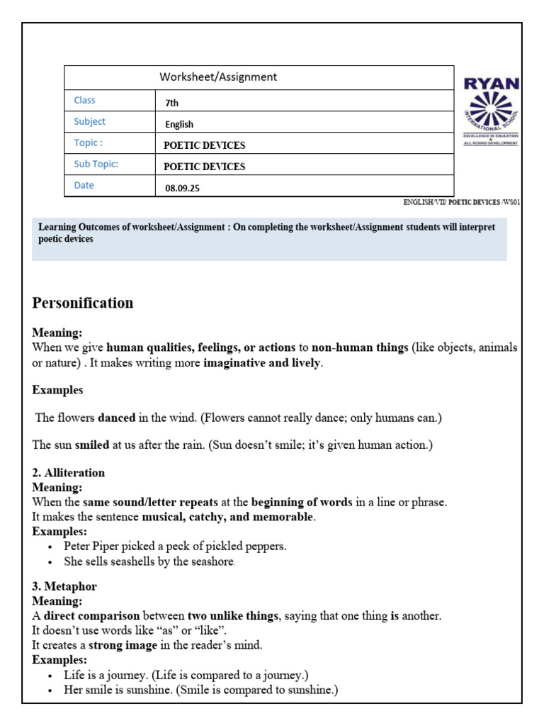 Understanding Poetic Devices for 7th Grade | PDF