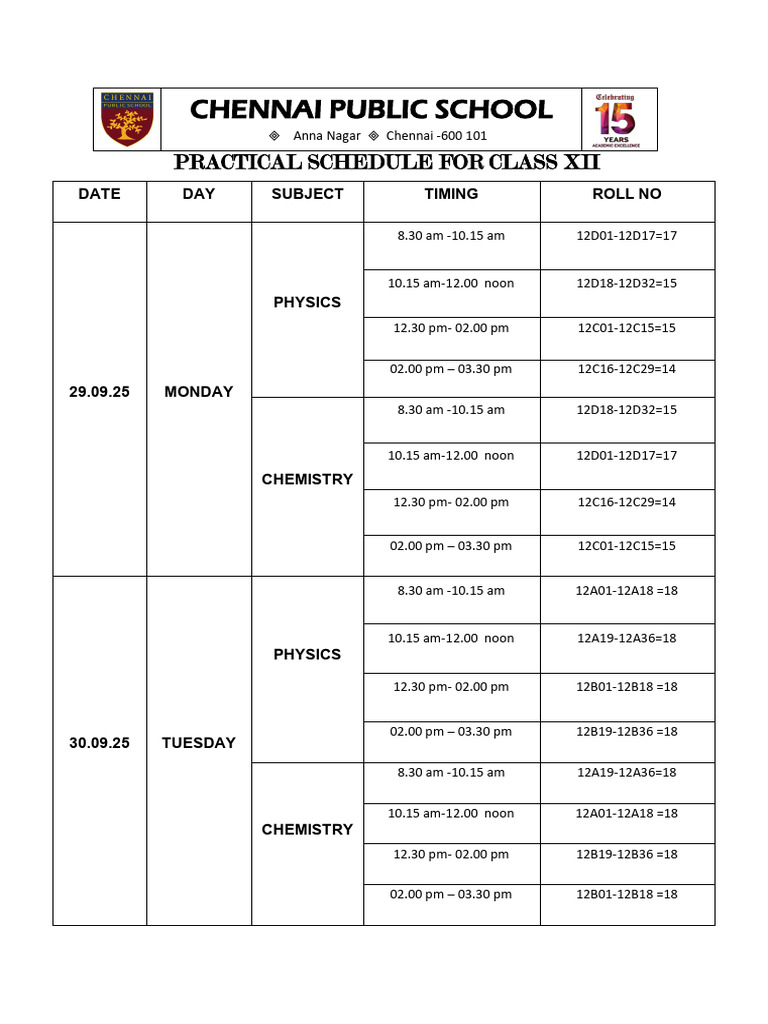 29.9.25 &30.9.25 Practical Class Schedule | PDF