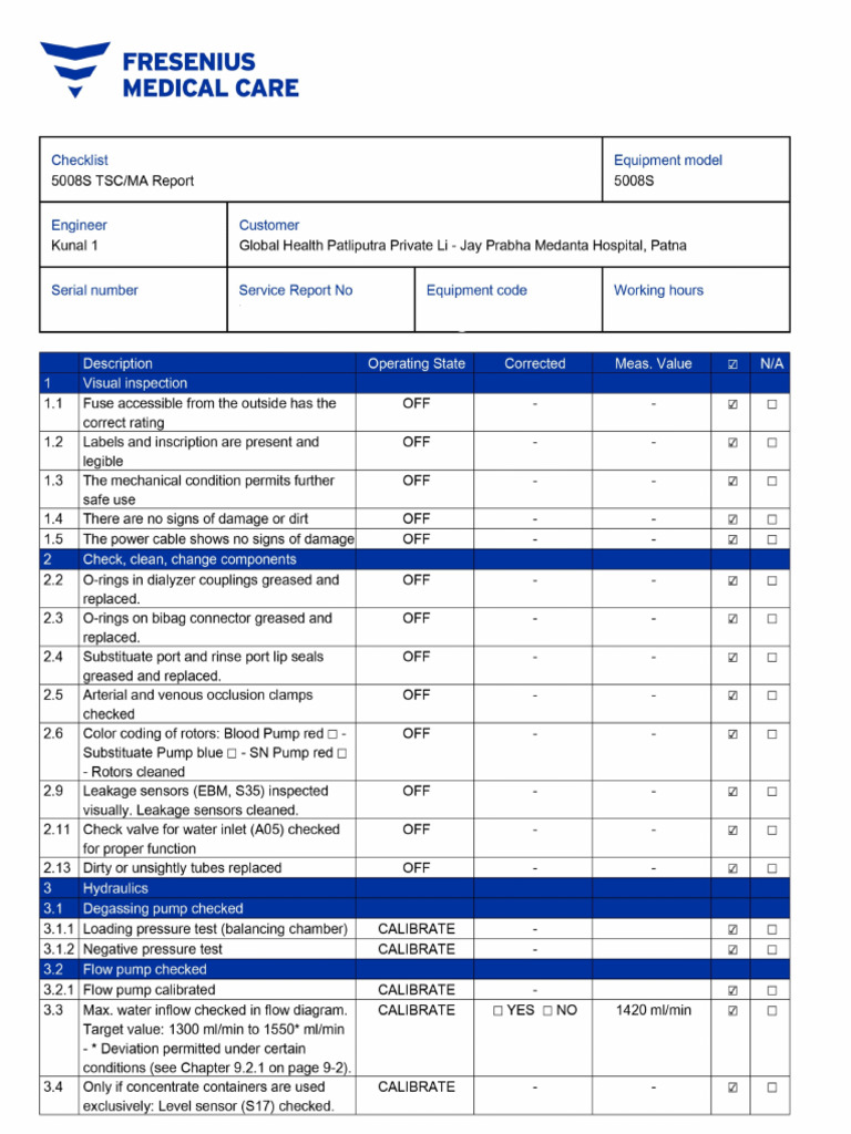 5008S TSC/MA Service Checklist | PDF | Pump | Blood Pressure