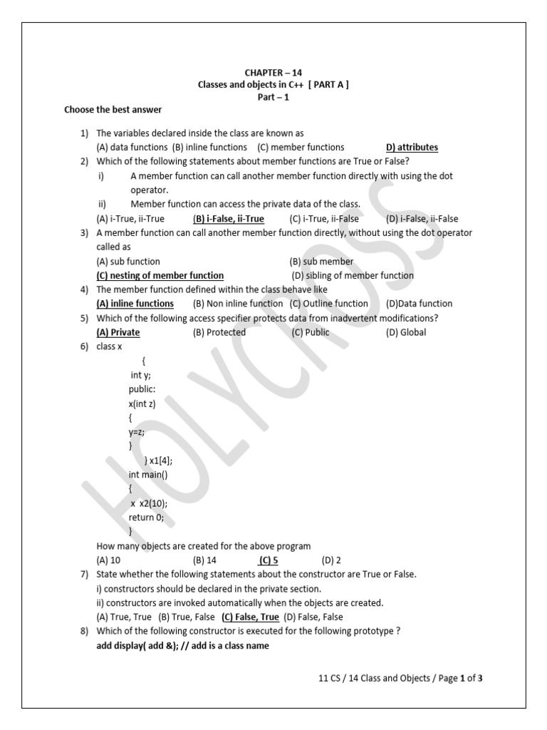 11CS 14 Class and Objects PART A | PDF | Programming | Constructor ...