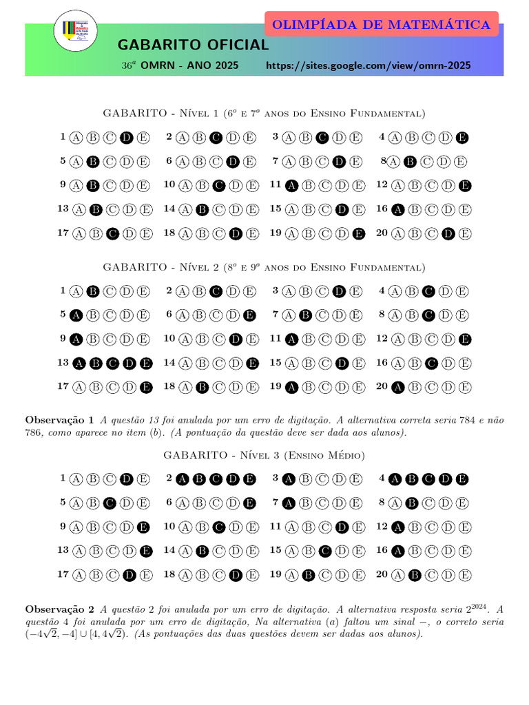 Gabarito OMRN 2025 - Níveis 1 a 3 | PDF
