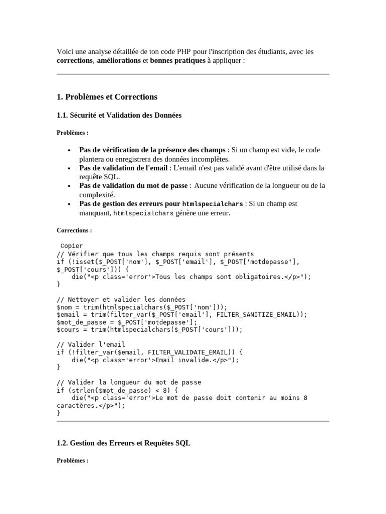 Analyse et Optimisation du Code PHP d'Inscription | PDF | SQL | PHP