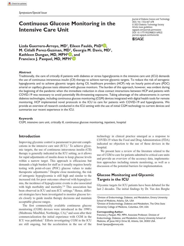 Continuous Glucose Monitoring in The Intensive Care Unit | PDF ...