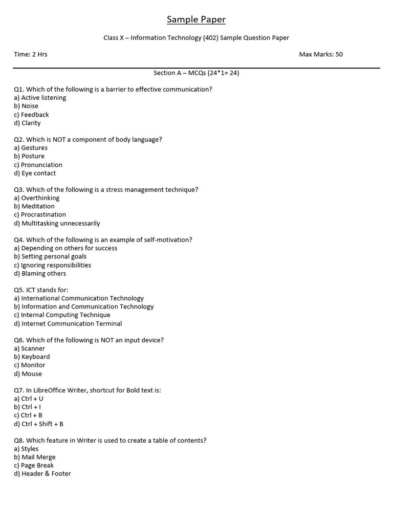Class X IT Sample Question Paper | PDF | Data Management Software ...