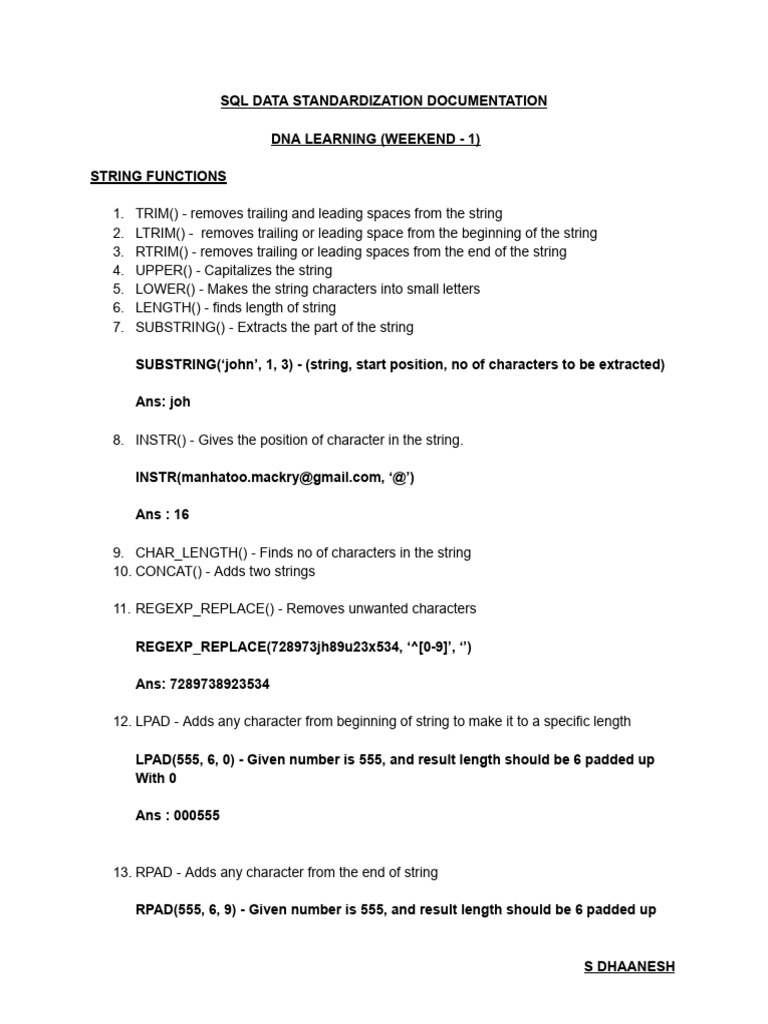 SQL String Functions and Data Standardization | PDF | String (Computer ...