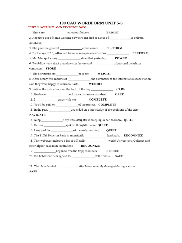100 Câu Wordform Unit 5-6 | PDF