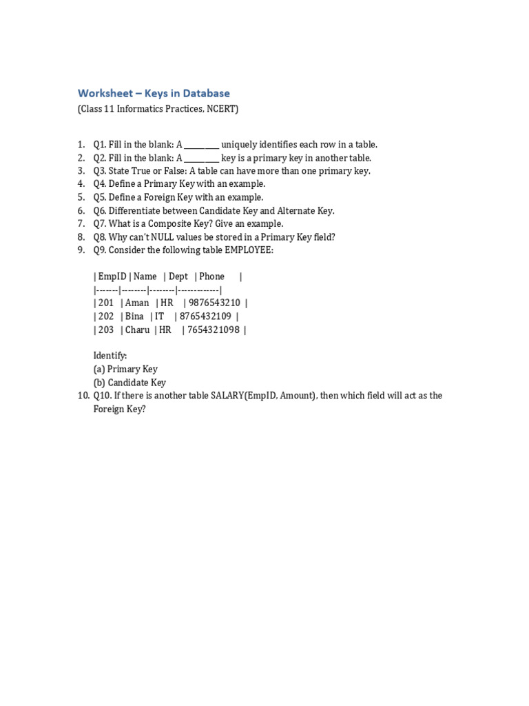 Worksheet Keys in Database Class11IP | PDF