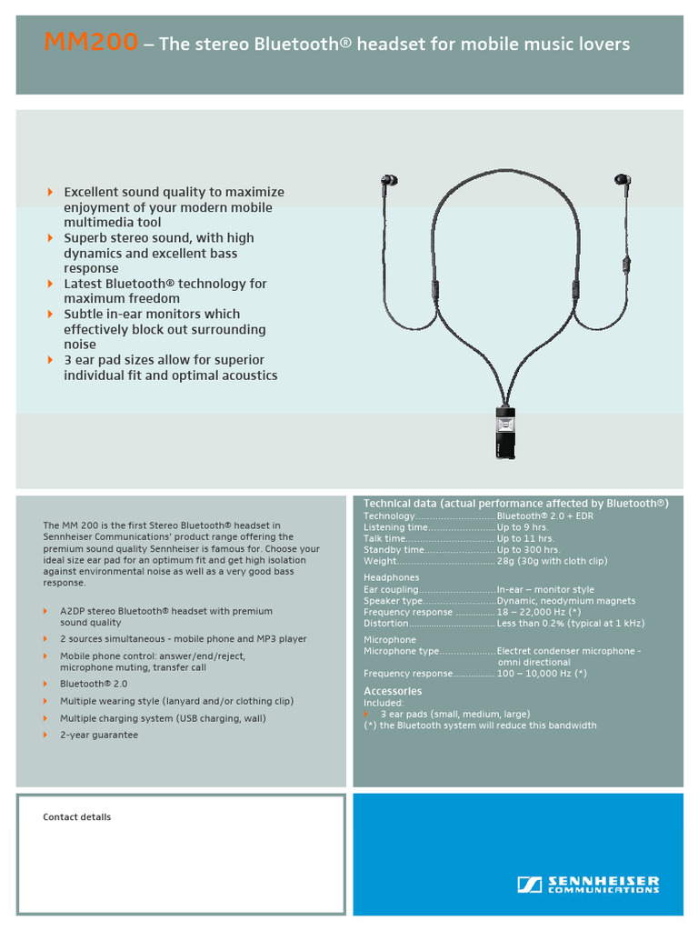 The Stereo Bluetooth® Headset For Mobile Music Lovers: Technical Data ...