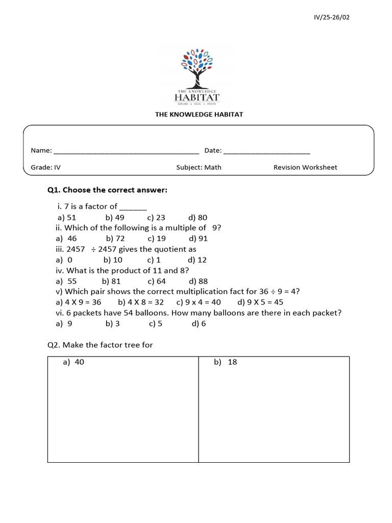 Math Revision Worksheet for Grade IV | PDF