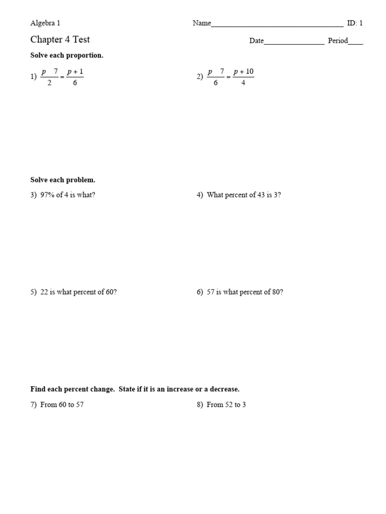 Algebra 1 Chapter 4 Test Worksheet | PDF